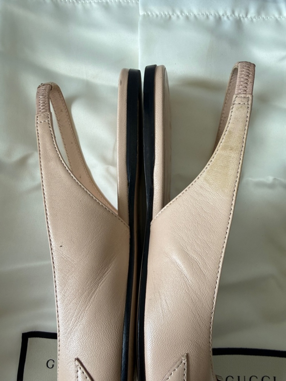 Gucci Blush Leather Pointed Slingback Flat Mules with Gold Double G - Picture 10 of 11